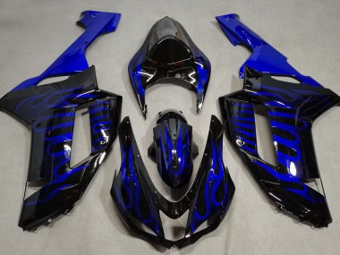 2007-2008 Gloss Black & Blue Flame Kawasaki ZX6R Fairings Canada