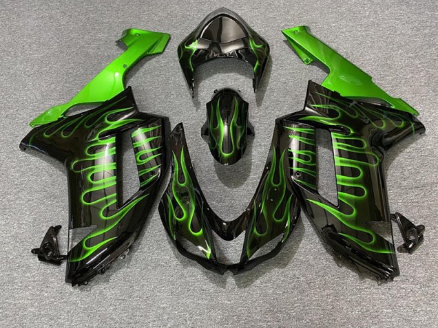 2007-2008 Gloss Black & Green Flame Kawasaki ZX6R Fairings Canada 2007-2008 Gloss Black & Green Flame Kawasaki ZX6R Fairings Canada