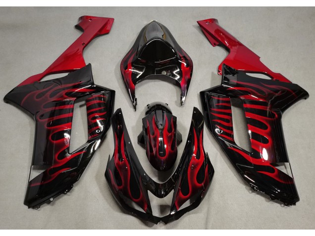 2007-2008 Gloss Black & Red Flame Kawasaki ZX6R Fairings Canada
